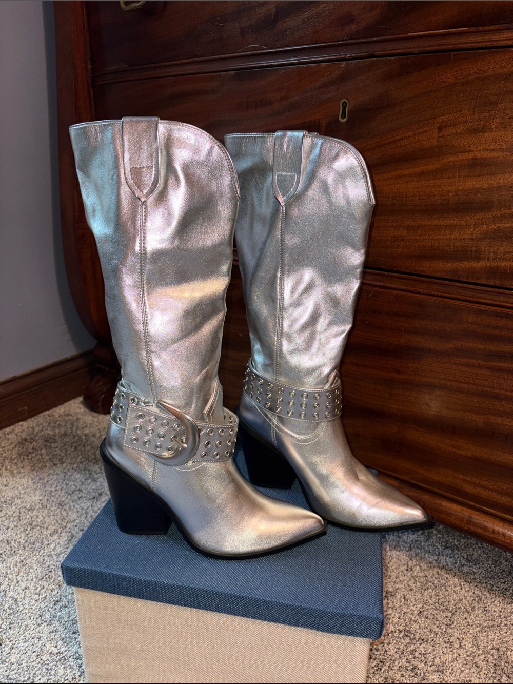Steve Madden Metallic Silver Studded Western Knee Boots- NEW and unworn!